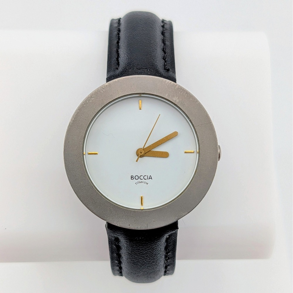 Boccia Titanium Swiss Quartz Minimalist White Dial Black Leather Watch 33mm